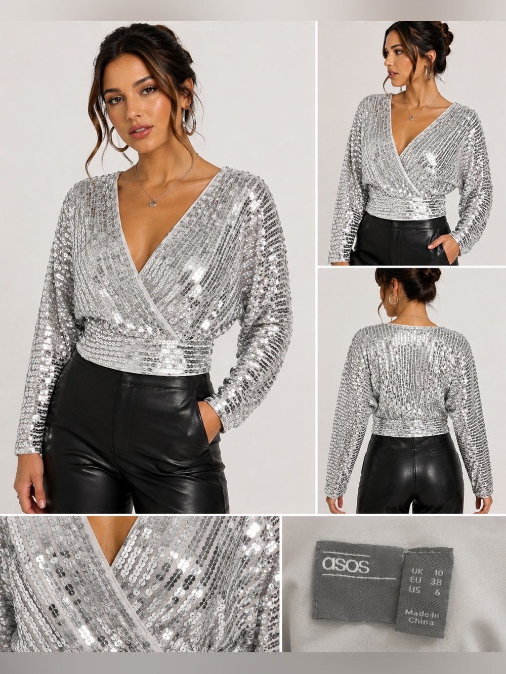 ASOS DESIGN Silver Sequin Wrap Top | Batwing Sleeve Glam Party Blouse | Size 10